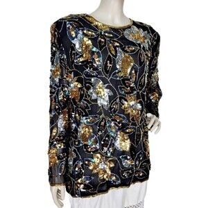 VTG 80s 100% Silk Gold Silver Beaded Sequins Semi-Sheer Long Sleeve Blouse Large